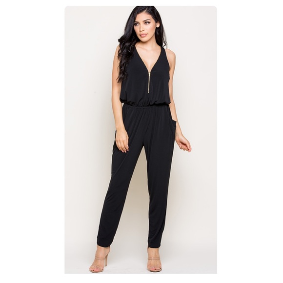 black jumpsuit with zipper in front